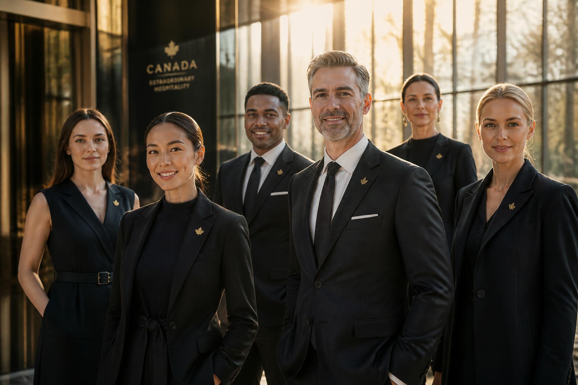 Diverse Canadian professionals in tailored attire in a sunlit glass atrium